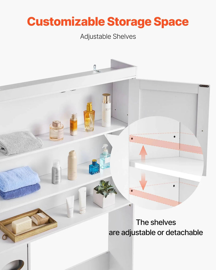 VEVOR Over The Toilet Storage Cabinet, 67.44 in Height Bathroom Storage Organizer with Double Door and Adjustable Shelf, Bathroom Space Saver Organizer Above Toilet with Open Shelf, White