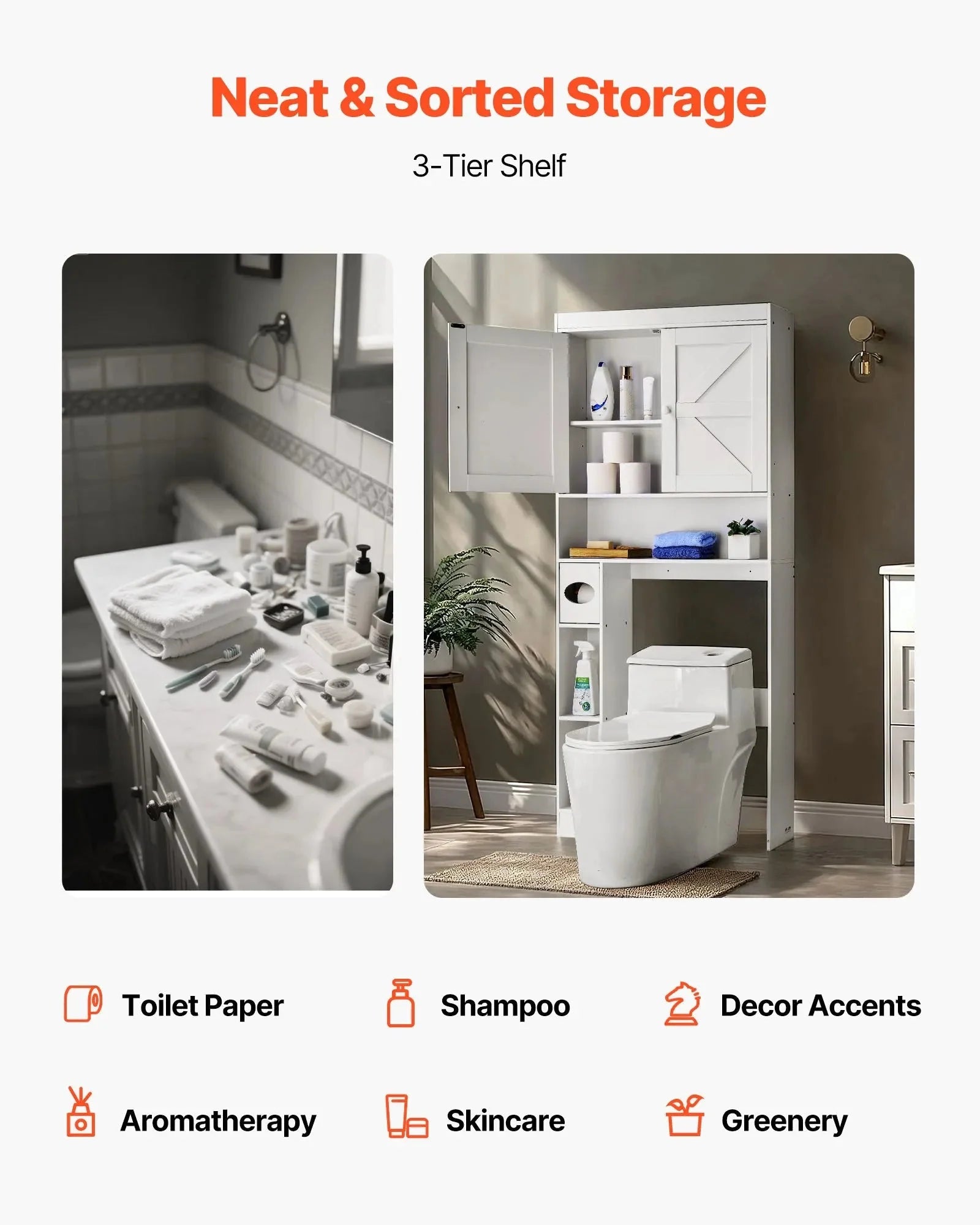 VEVOR Over The Toilet Storage Cabinet, 67.44 in Height Bathroom Storage Organizer with Double Door and Adjustable Shelf, Bathroom Space Saver Organizer Above Toilet with Open Shelf, White