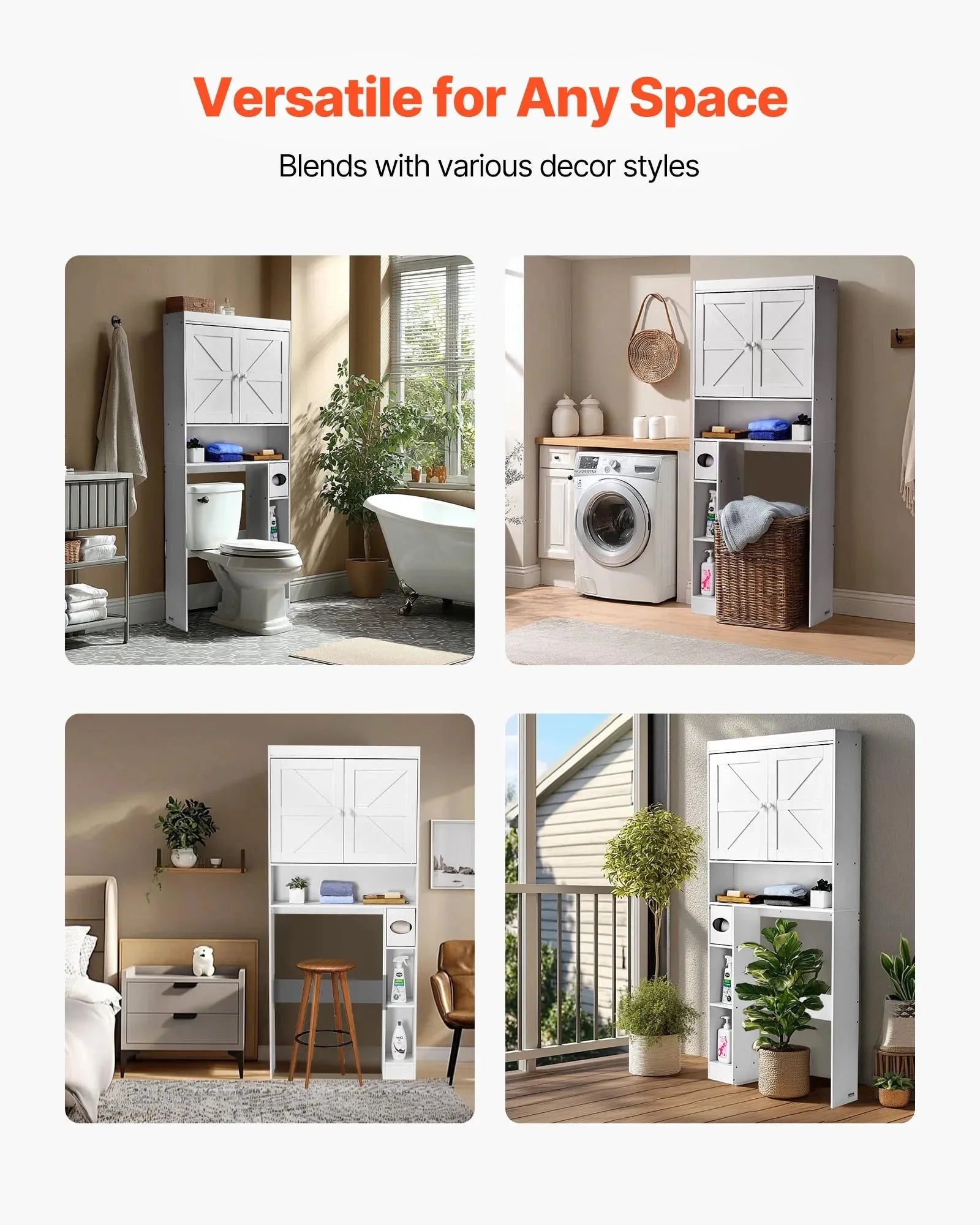 VEVOR Over The Toilet Storage Cabinet, 67.44 in Height Bathroom Storage Organizer with Double Door and Adjustable Shelf, Bathroom Space Saver Organizer Above Toilet with Open Shelf, White