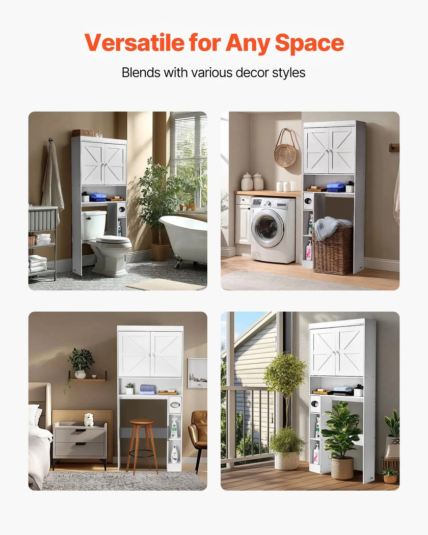 VEVOR Over The Toilet Storage Cabinet, 67.44 in Height Bathroom Storage Organizer with Double Door and Adjustable Shelf, Bathroom Space Saver Organizer Above Toilet with Open Shelf, White