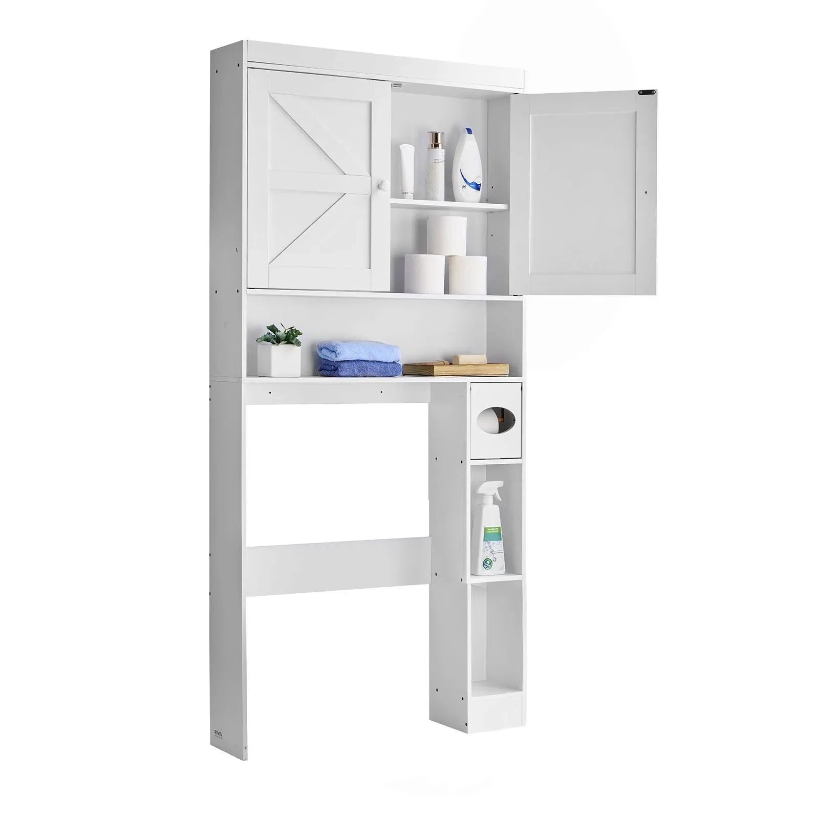 VEVOR Over The Toilet Storage Cabinet, 67.44 in Height Bathroom Storage Organizer with Double Door and Adjustable Shelf, Bathroom Space Saver Organizer Above Toilet with Open Shelf, White