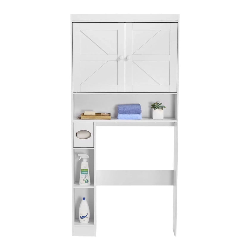 VEVOR Over The Toilet Storage Cabinet, 67.44 in Height Bathroom Storage Organizer with Double Door and Adjustable Shelf, Bathroom Space Saver Organizer Above Toilet with Open Shelf, White