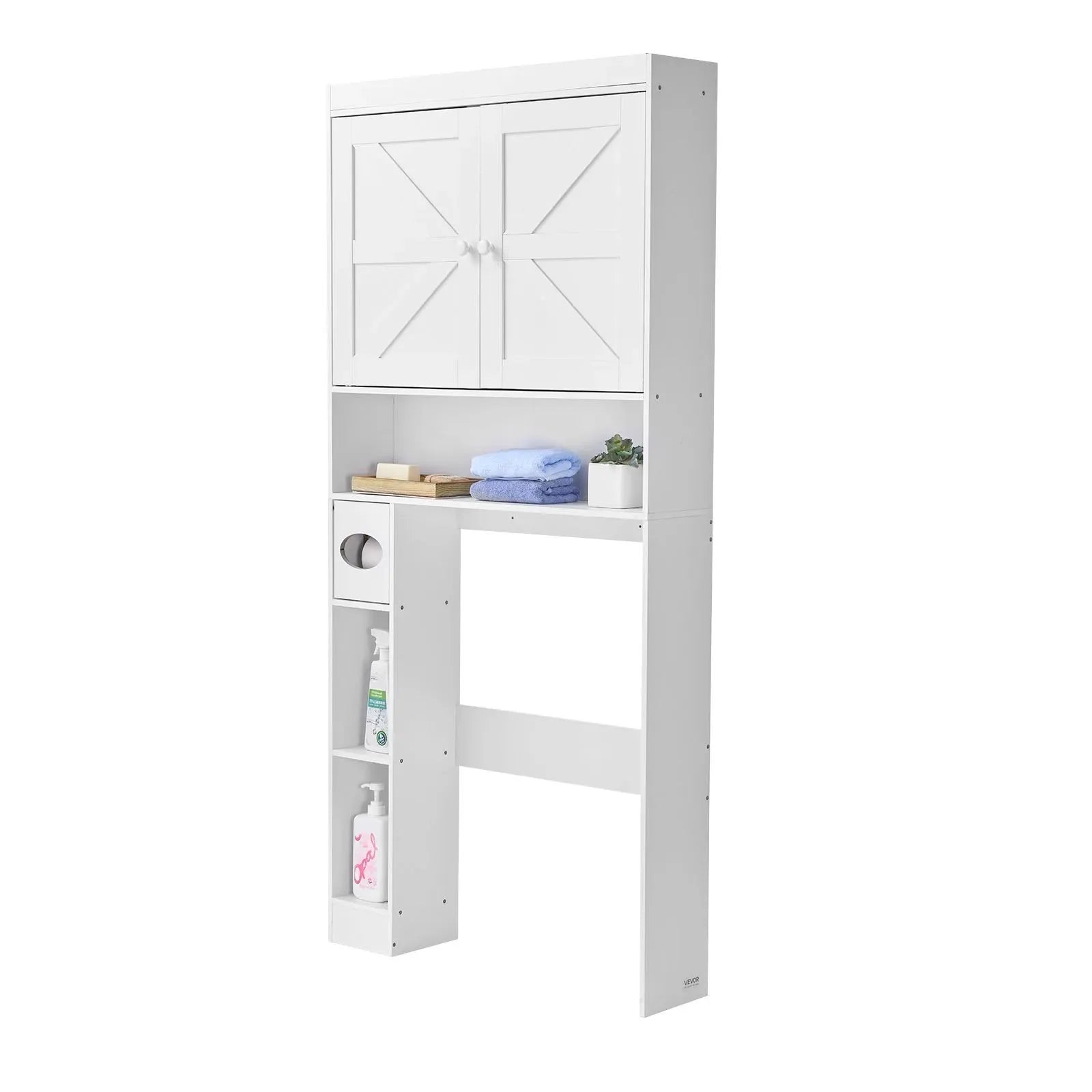 VEVOR Over The Toilet Storage Cabinet, 67.44 in Height Bathroom Storage Organizer with Double Door and Adjustable Shelf, Bathroom Space Saver Organizer Above Toilet with Open Shelf, White