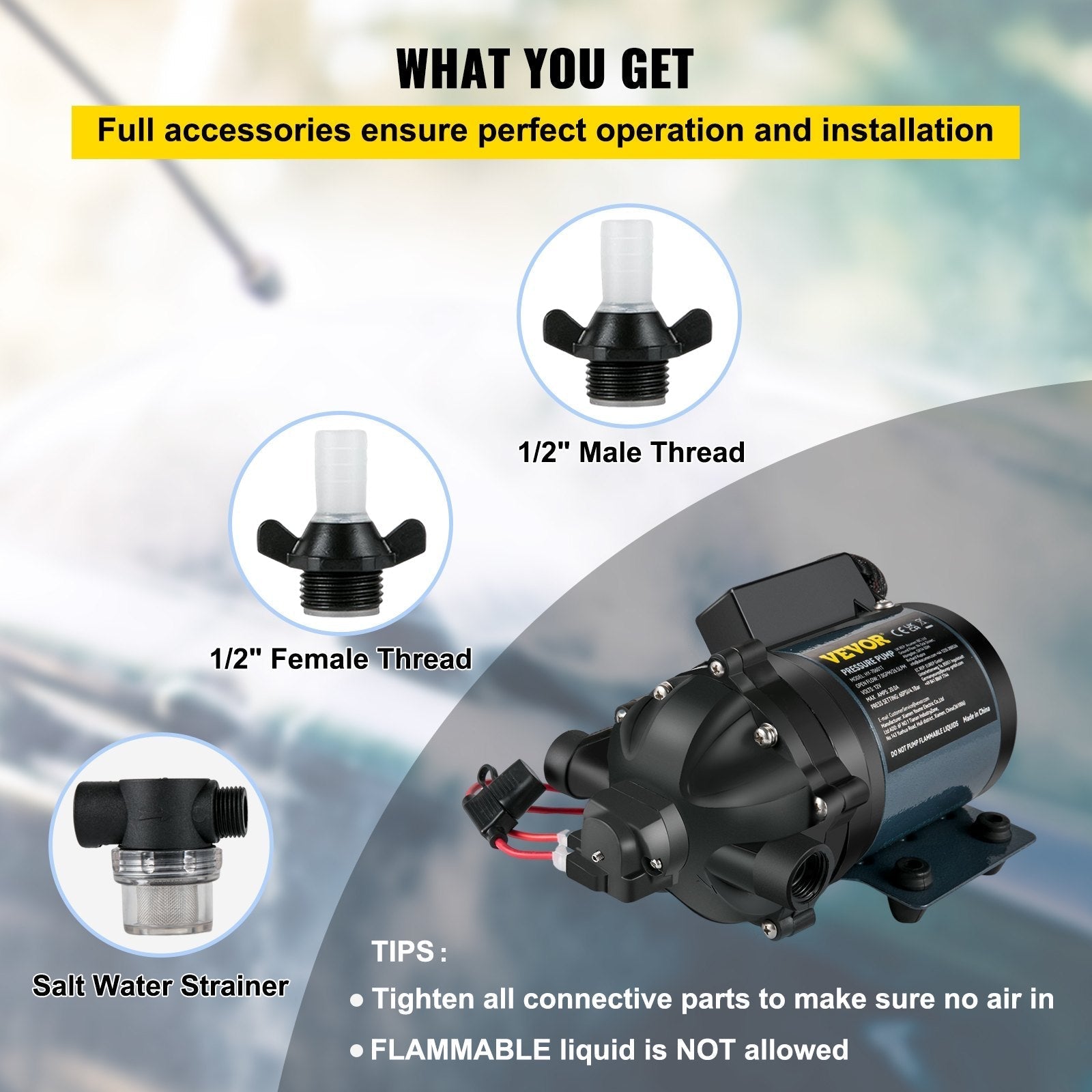 VEVOR Washdown Pump, 12V DC, 7 GPM 60 PSI, Max. 10 FT Lift Self Priming Water Pump, w/ EPDM Valve, Universal Salt Water Strainer & Female/Male Thread, for RV, Marine Deck, Yacht