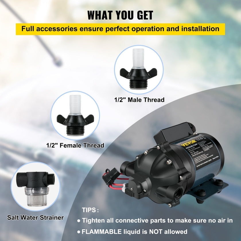 VEVOR Washdown Pump, 12V DC, 7 GPM 60 PSI, Max. 10 FT Lift Self Priming Water Pump, w/ EPDM Valve, Universal Salt Water Strainer & Female/Male Thread, for RV, Marine Deck, Yacht