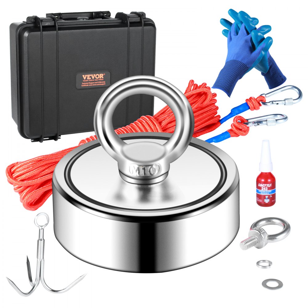 VEVOR Magnet Fishing Kit, 1200lbs Pulling Force Double Sided Fishing Magnets, 2.95inch Diameter Magnet with Rope, Grappling Hook, Gloves, Waterproof Case, Threadlocker, Eye Bolt, for Fishing