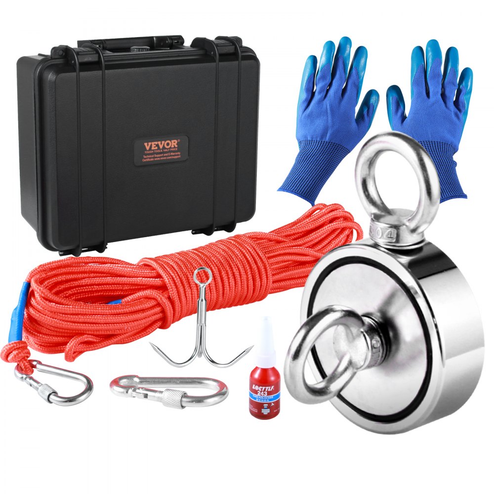 VEVOR Magnet Fishing Kit, 1200lbs Pulling Force Double Sided Fishing Magnets, 2.95inch Diameter Magnet with Rope, Grappling Hook, Gloves, Waterproof Case, Threadlocker, Eye Bolt, for Fishing