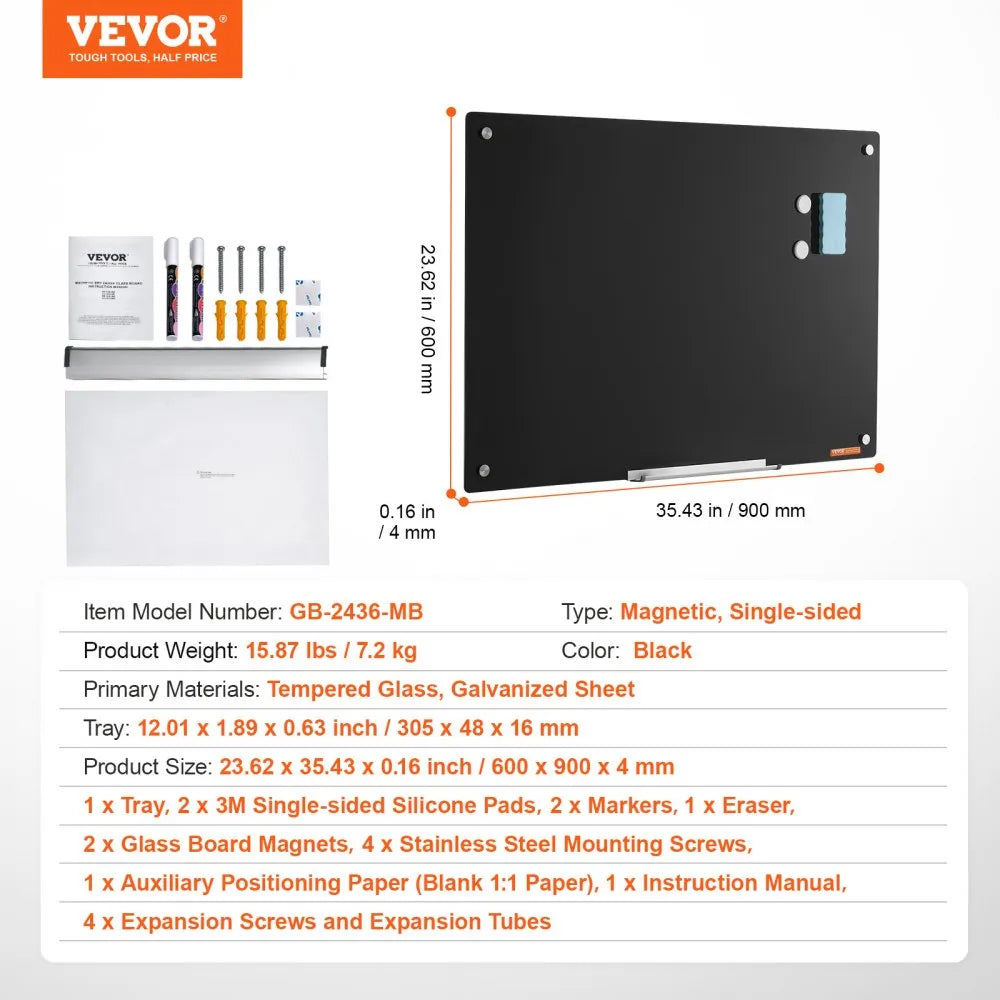 VEVOR Magnetic Glass Whiteboard, Dry Erase Board 36