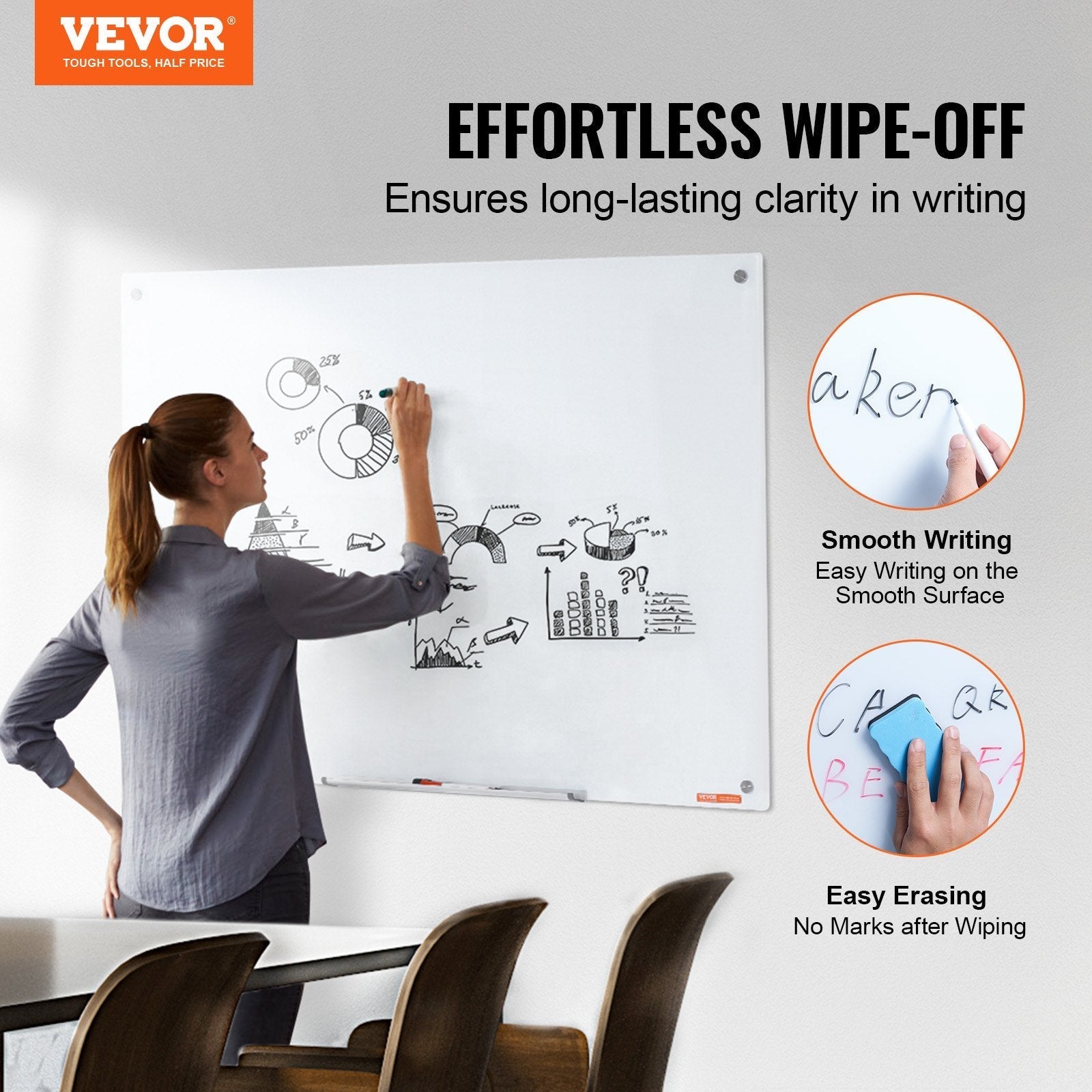 VEVOR Magnetic Glass Whiteboard, Dry Erase Board 48
