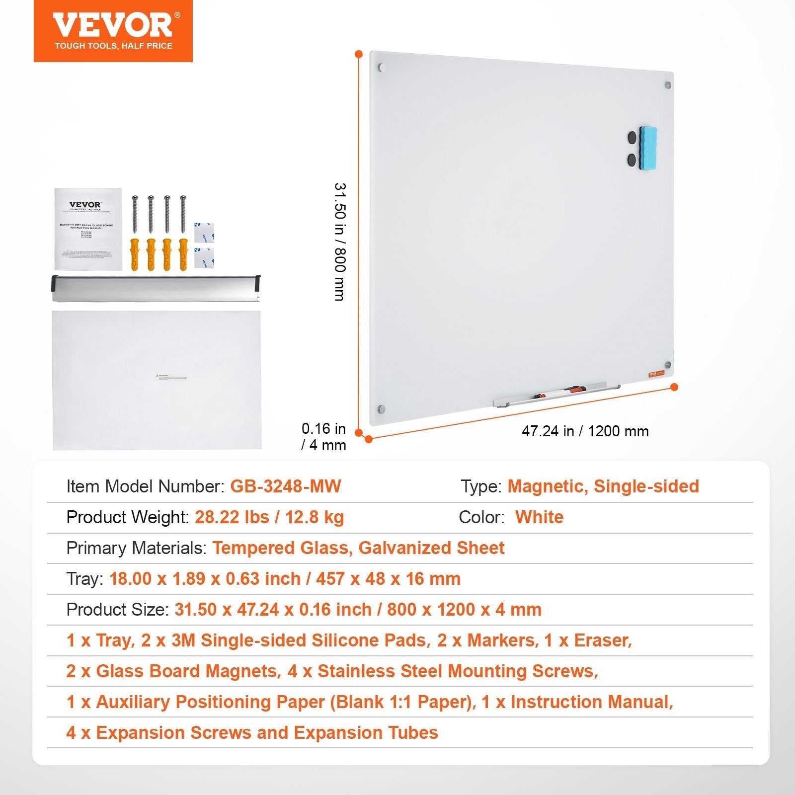 VEVOR Magnetic Glass Whiteboard, Dry Erase Board 48