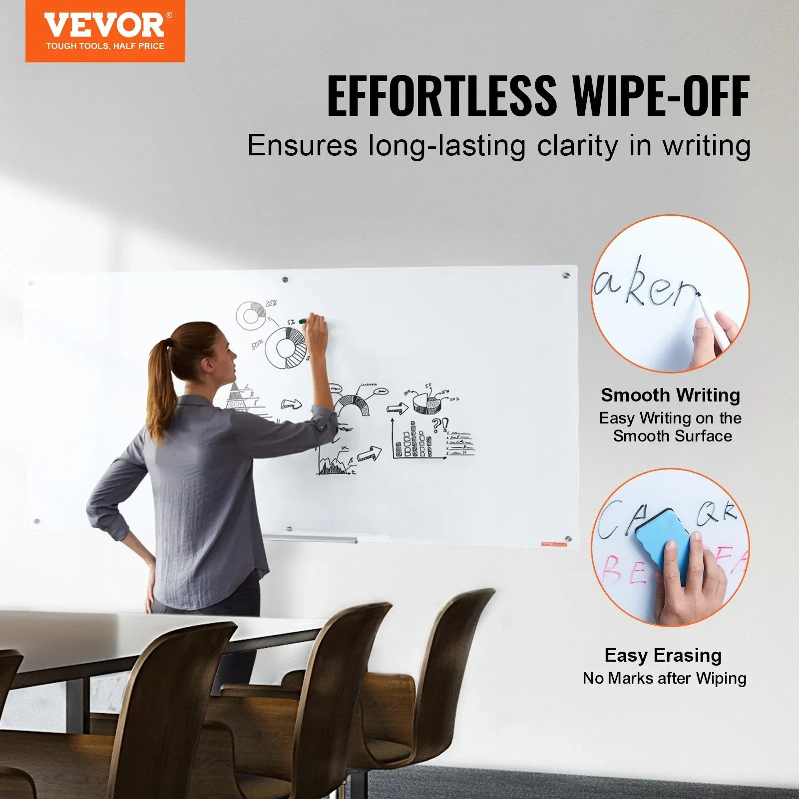 VEVOR Magnetic Glass Whiteboard, Dry Erase Board 72
