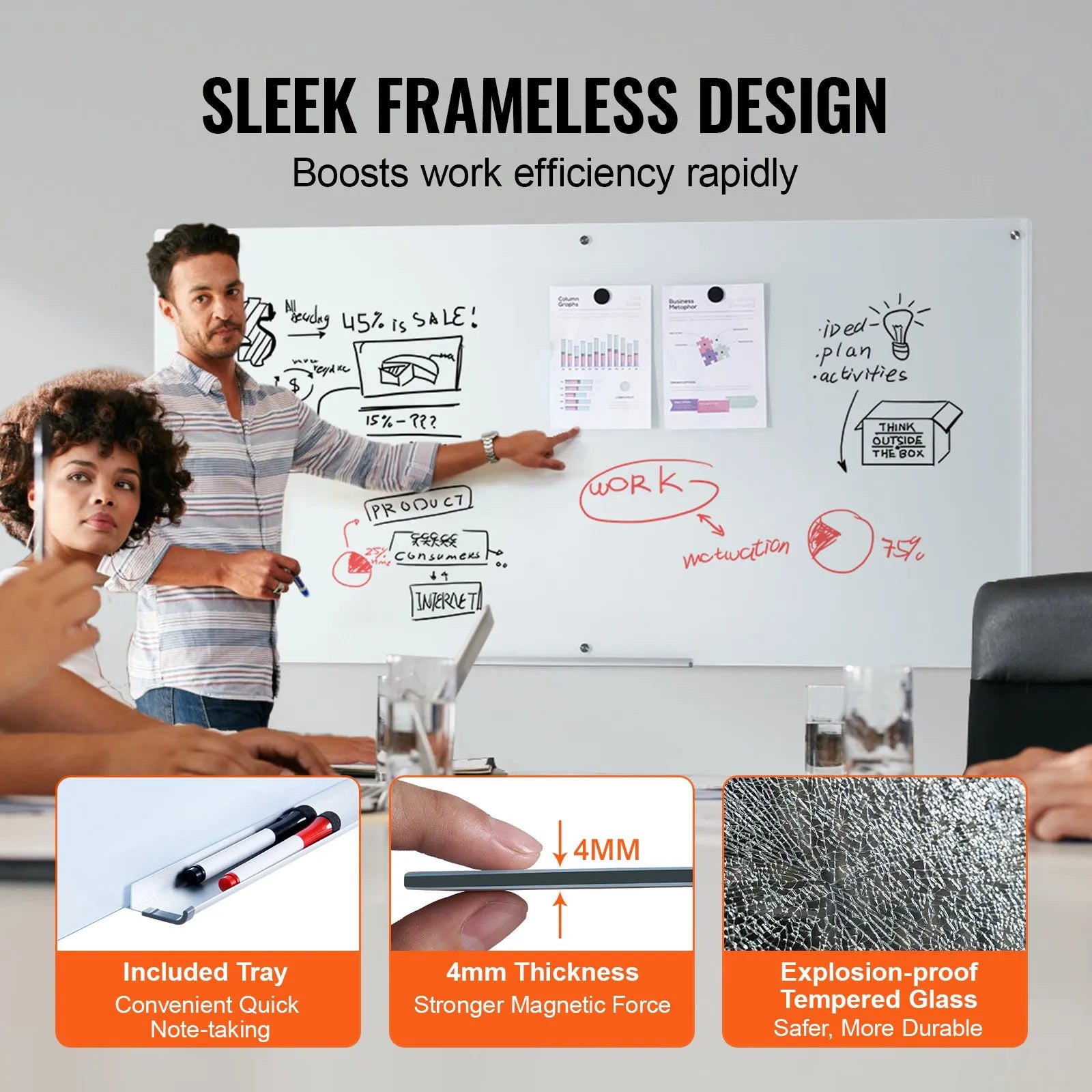 VEVOR Magnetic Glass Whiteboard, Dry Erase Board 72