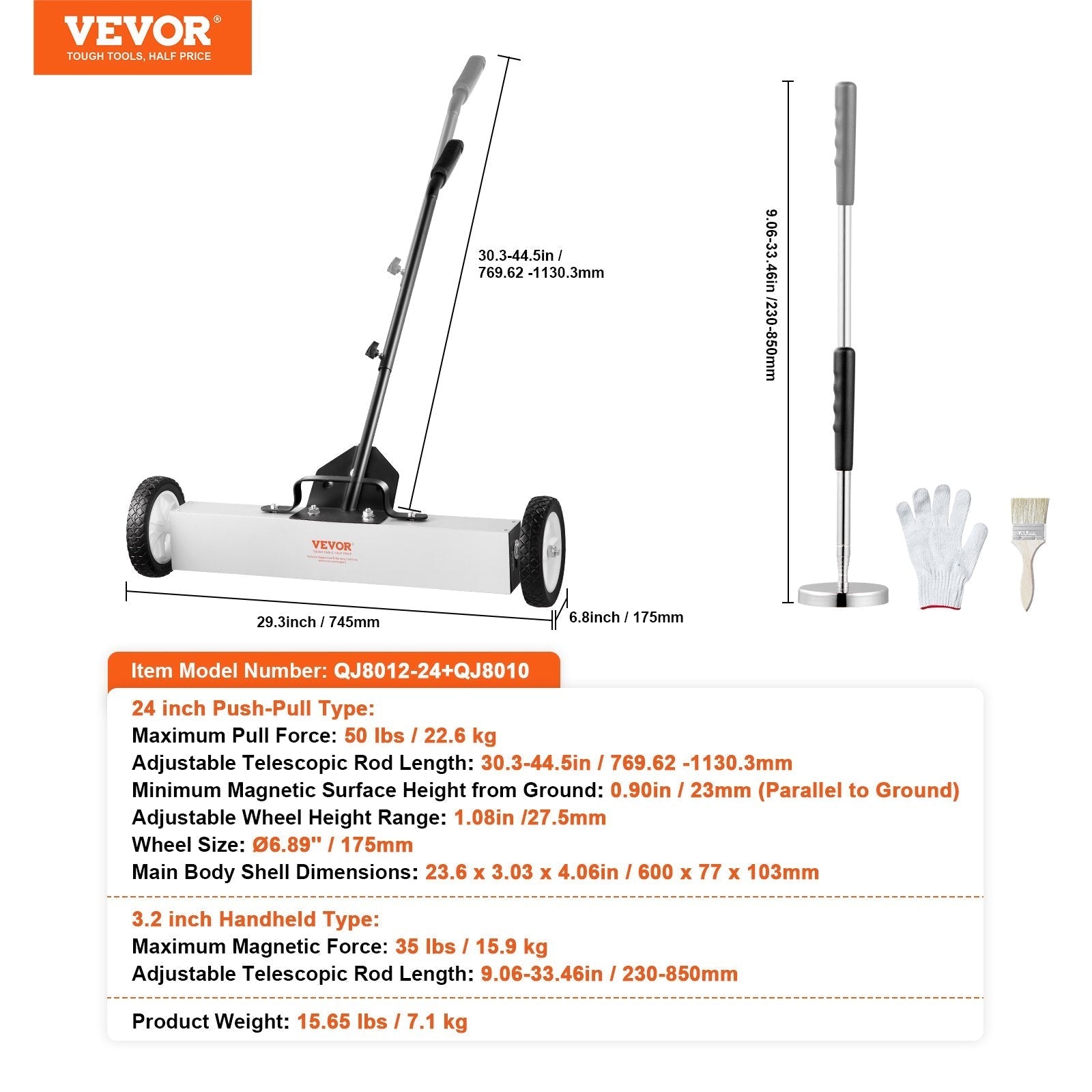VEVOR 24-Inch Magnetic Sweeper with Wheels Telescoping Magnetic Pickup Tool
