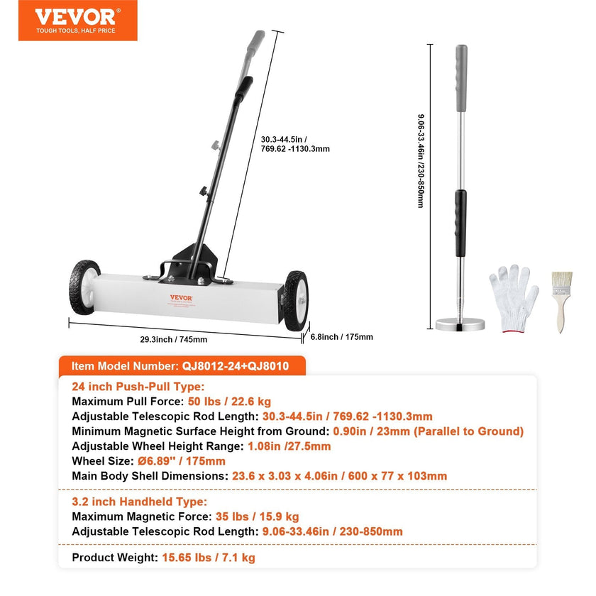VEVOR 24-Inch Magnetic Sweeper with Wheels Telescoping Magnetic Pickup Tool