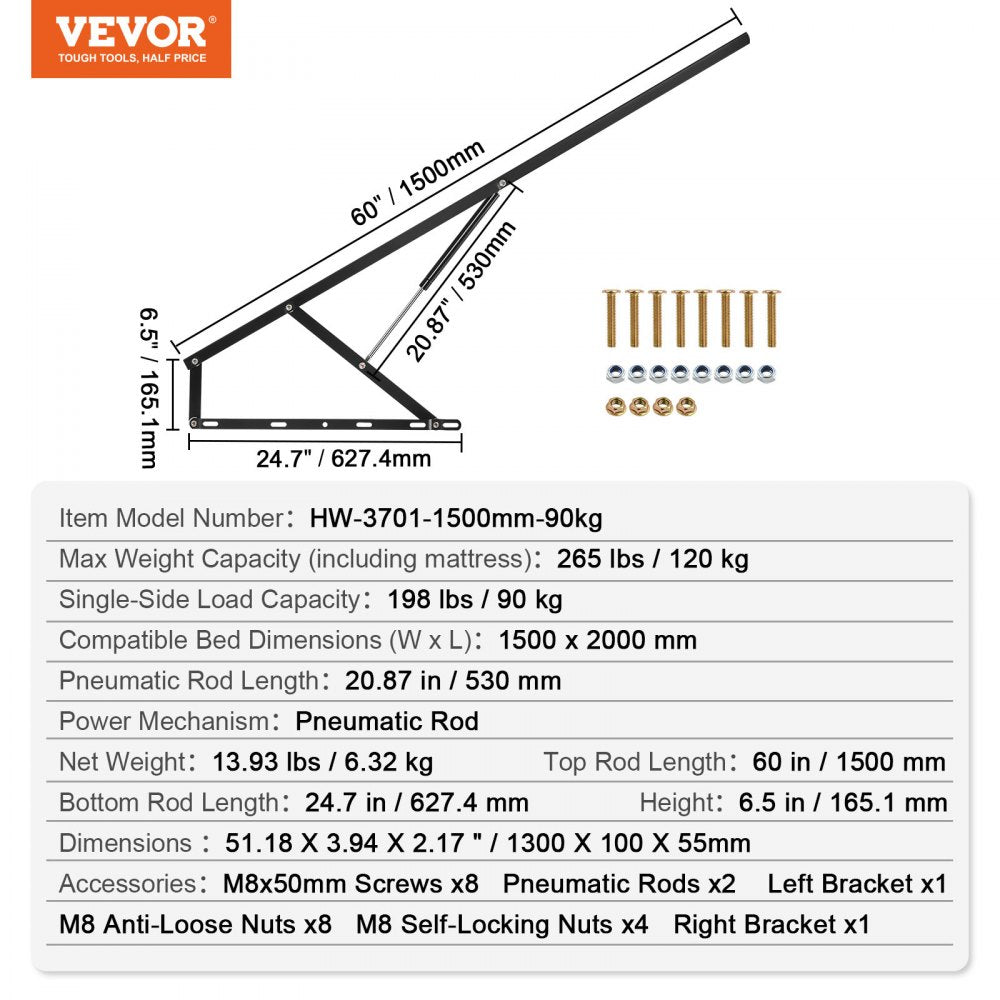 VEVOR Bed Lift 59x79 in Compatible Bed Size 265 lbs Load DIY Wall Bed Hardware