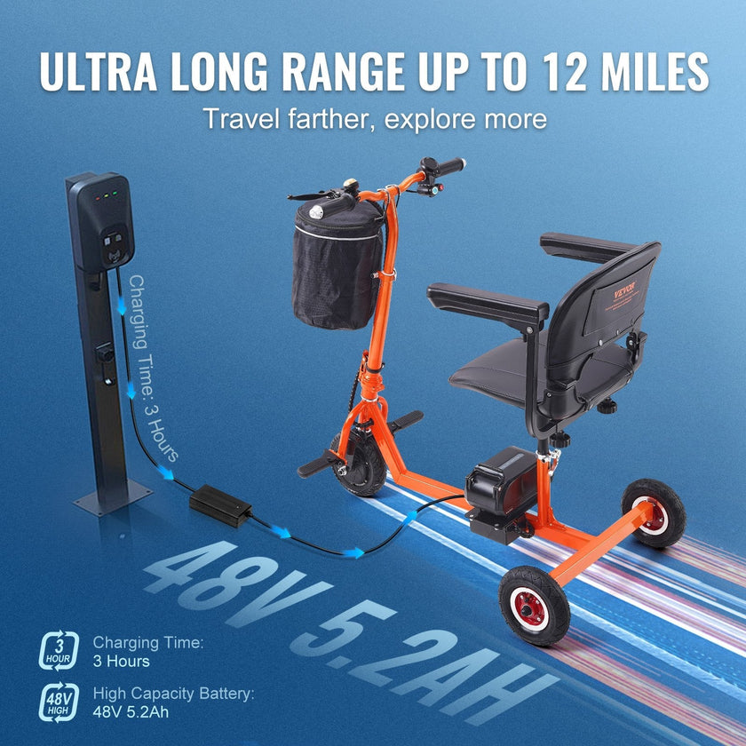 VEVOR Foldable 3 Wheel Mobility Scooter for Seniors, Portable Electric Powered Mobility Scooter with 12 Mile Long Range, All Terrain Travel Wheelchair with 48V Lithium-ion Battery, Max Support 330LBS