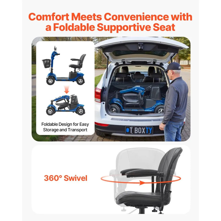 VEVOR Heavy-Duty 4 Wheel Mobility Scooter for Adults & Seniors - Folding Electric Powered Mobility Scooter & 12 Mile Long Range, All Terrain Travel Scooter with 9° Climbing Capacity, 265lb Capacity