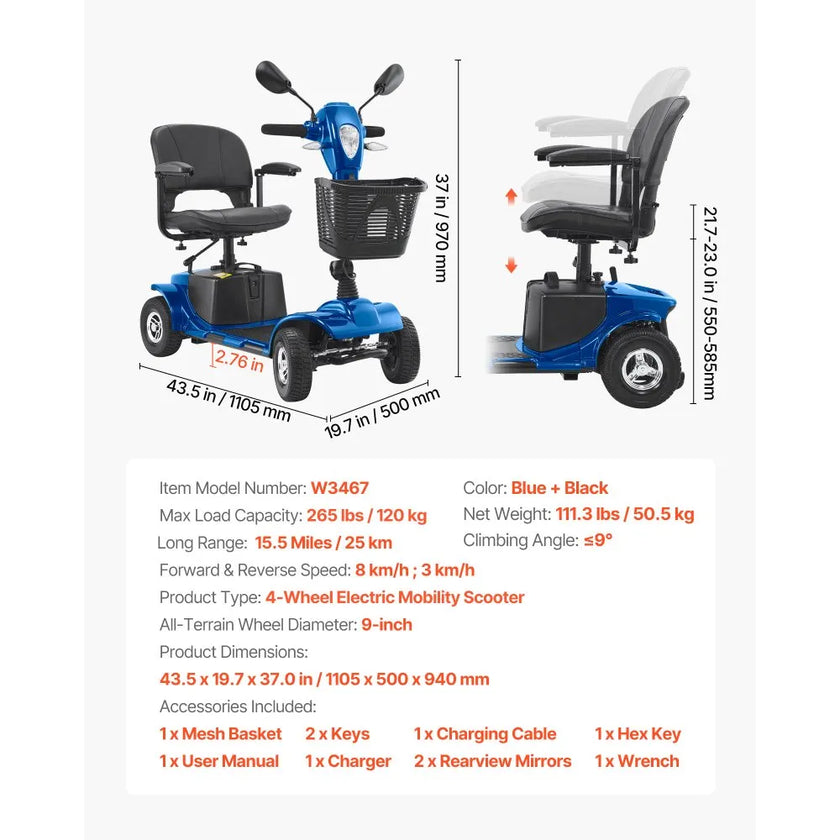 VEVOR Heavy-Duty 4 Wheel Mobility Scooter for Adults & Seniors - Folding Electric Powered Mobility Scooter & 12 Mile Long Range, All Terrain Travel Scooter with 9° Climbing Capacity, 265lb Capacity