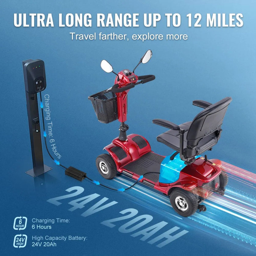 VEVOR Heavy-Duty 4 Wheel Mobility Scooter for Adults & Seniors - Folding Electric Powered Mobility Scooter & 12 Mile Long Range, All Terrain Travel Wheelchair with 9° Climbing Capacity, 265lb Capacity