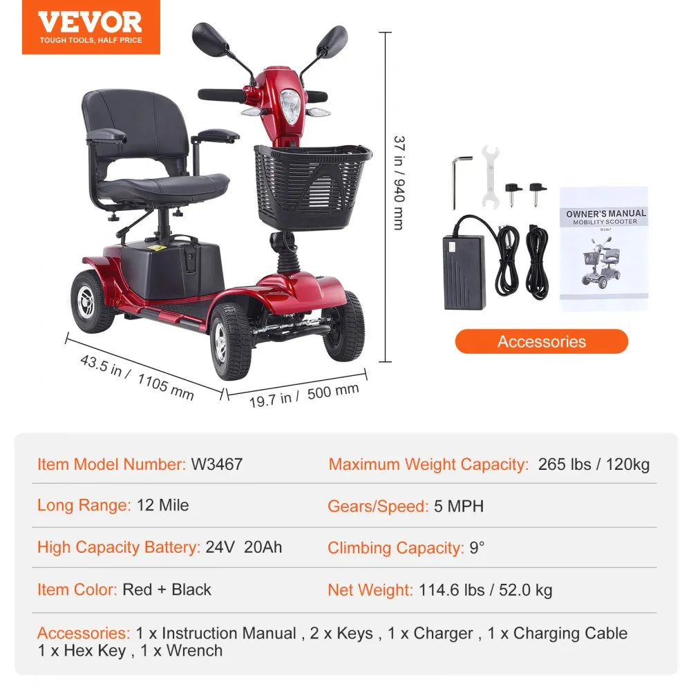 VEVOR Heavy-Duty 4 Wheel Mobility Scooter for Adults & Seniors - Folding Electric Powered Mobility Scooter & 12 Mile Long Range, All Terrain Travel Wheelchair with 9° Climbing Capacity, 265lb Capacity