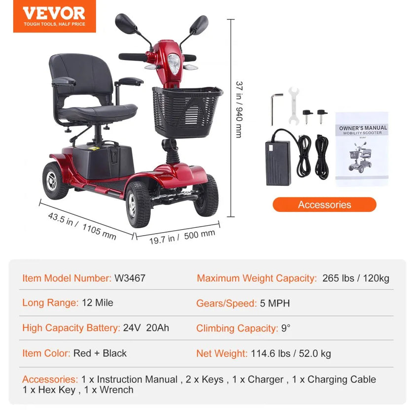 VEVOR Heavy-Duty 4 Wheel Mobility Scooter for Adults & Seniors - Folding Electric Powered Mobility Scooter & 12 Mile Long Range, All Terrain Travel Wheelchair with 9° Climbing Capacity, 265lb Capacity