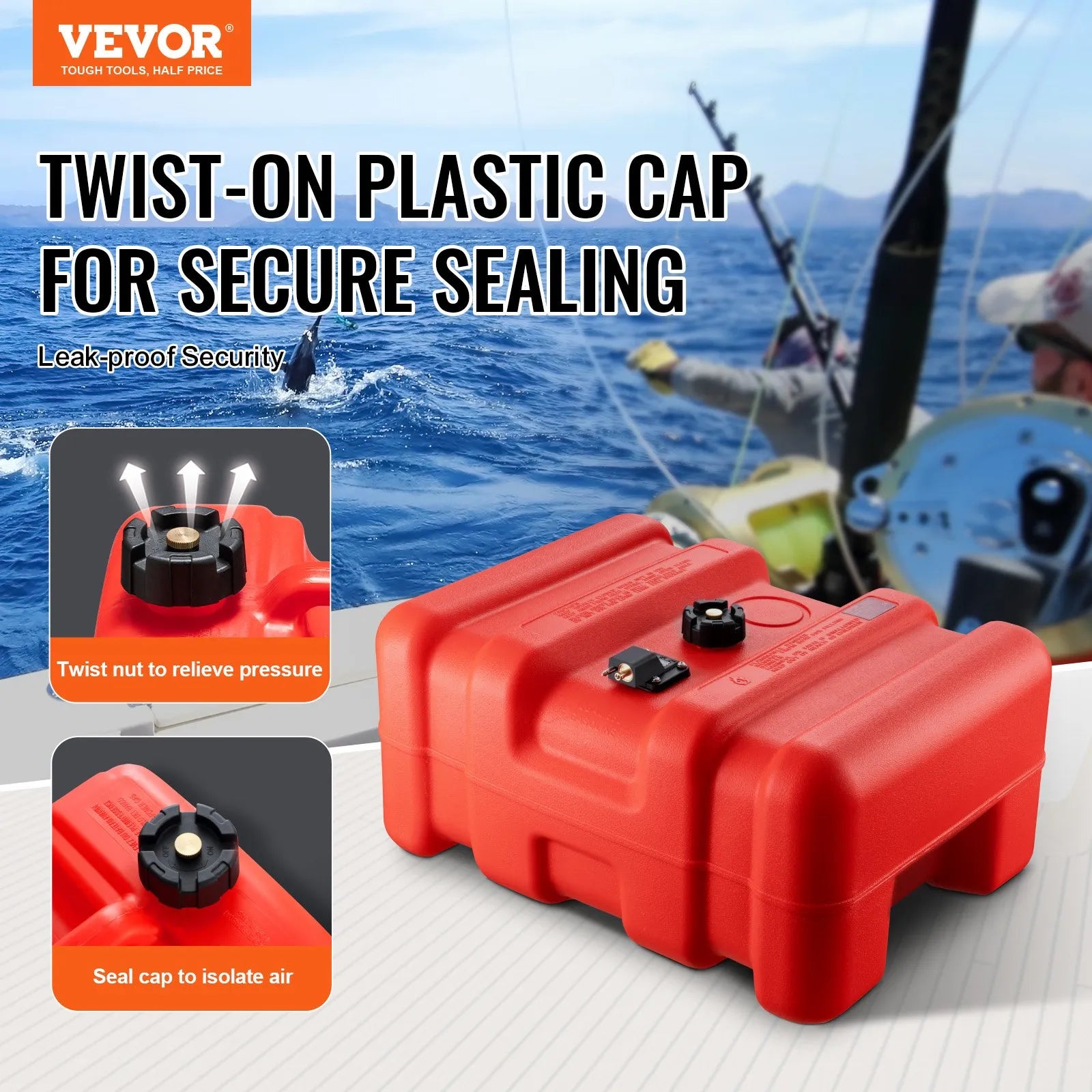 VEVOR Marine Fuel Tank, 14.53 Gallon/55L, Portable Boat Fuel Gas Tank for Outboard Engine Boats, Plastic Outboard Marine Boat Fuel Tank with Hose, Easy to Carry for Yacht, Fishing Boat, Deck Boat, Red