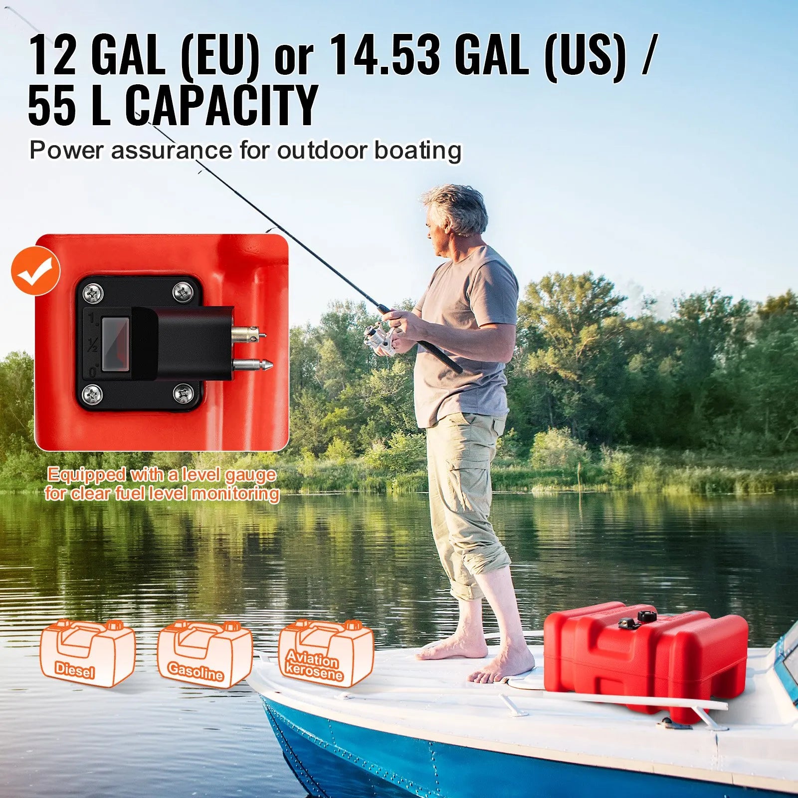 VEVOR Marine Fuel Tank, 14.53 Gallon/55L, Portable Boat Fuel Gas Tank for Outboard Engine Boats, Plastic Outboard Marine Boat Fuel Tank with Hose, Easy to Carry for Yacht, Fishing Boat, Deck Boat, Red