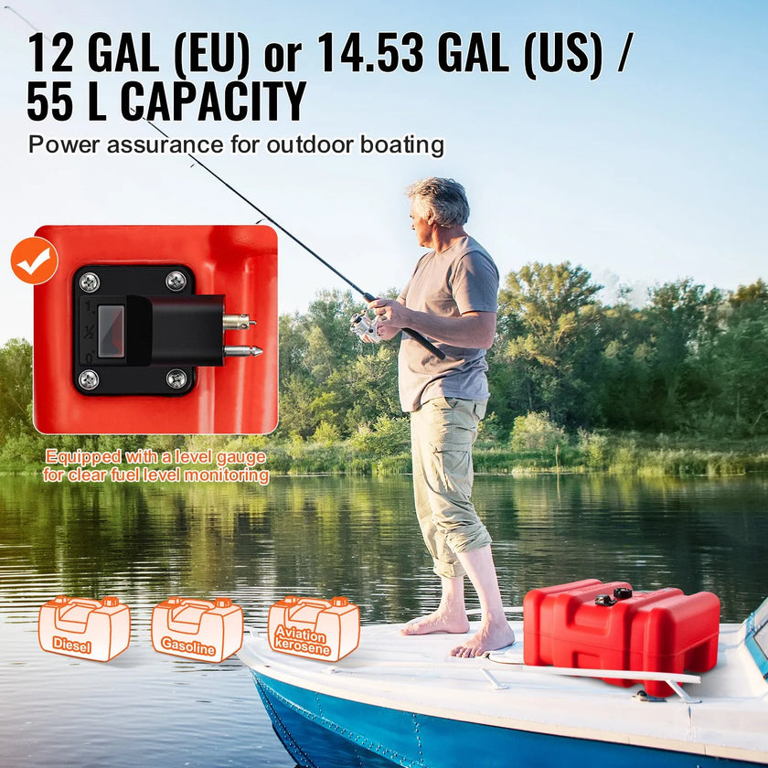 VEVOR Marine Fuel Tank, 14.53 Gallon/55L, Portable Boat Fuel Gas Tank for Outboard Engine Boats, Plastic Outboard Marine Boat Fuel Tank with Hose, Easy to Carry for Yacht, Fishing Boat, Deck Boat, Red