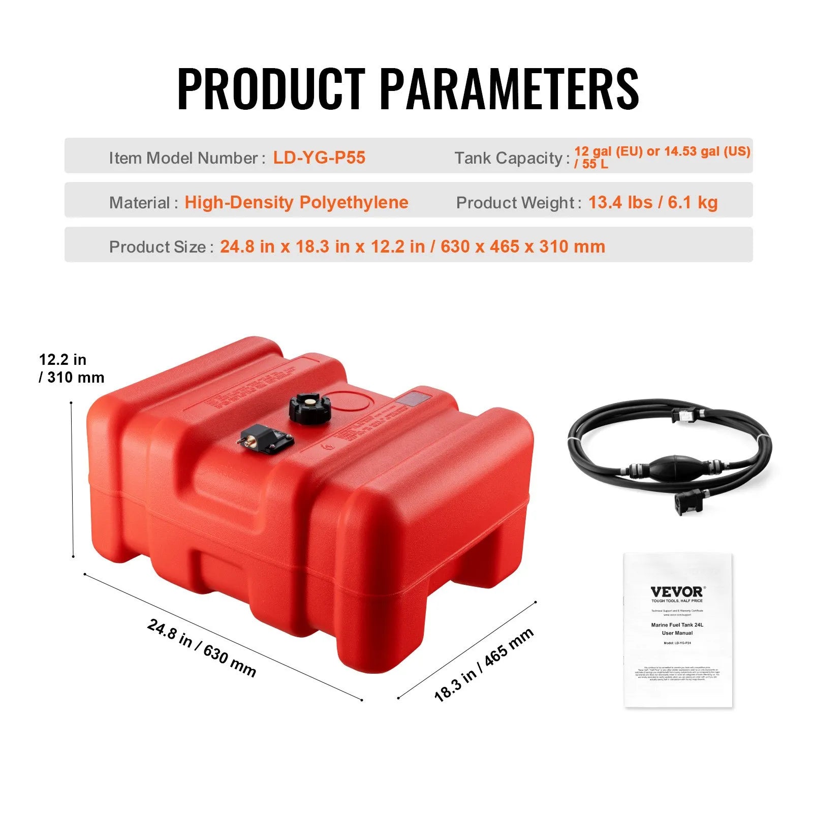 VEVOR Marine Fuel Tank, 14.53 Gallon/55L, Portable Boat Fuel Gas Tank for Outboard Engine Boats, Plastic Outboard Marine Boat Fuel Tank with Hose, Easy to Carry for Yacht, Fishing Boat, Deck Boat, Red
