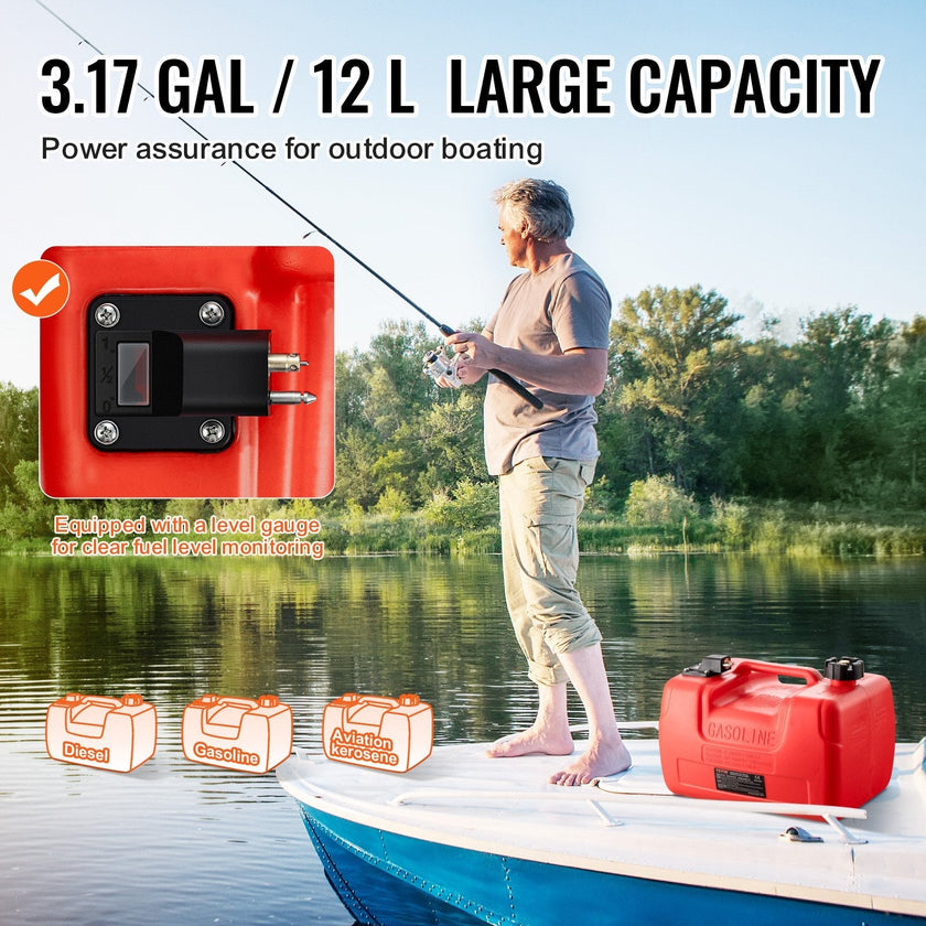 VEVOR Marine Fuel Tank, 3.17 Gallon/12L, Portable Boat Fuel Gas Tank for Outboard Engine Boats, Plastic Outboard Marine Boat Fuel Tank with Hose, Easy to Carry for Yacht, Fishing Boat, Deck Boat, Red