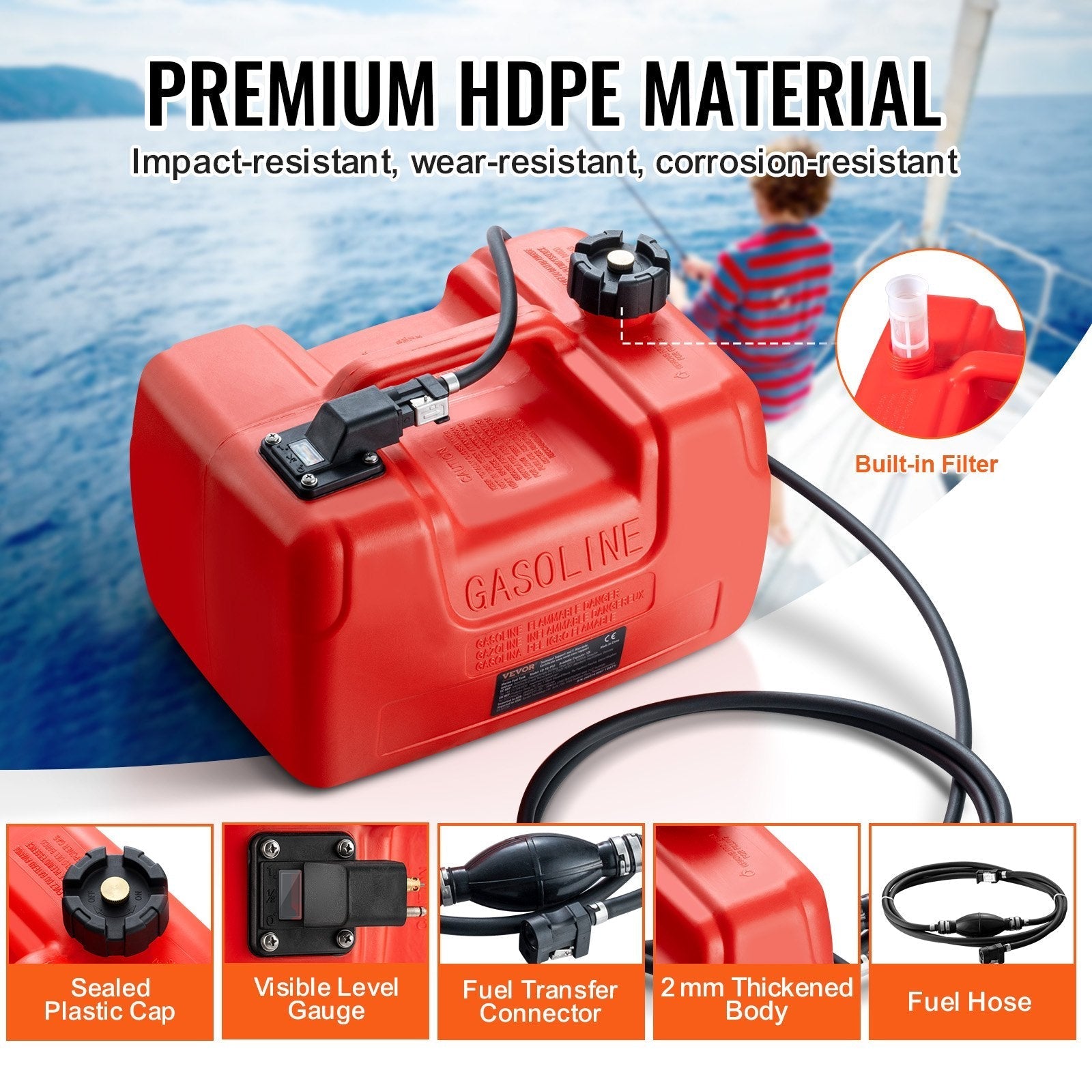 VEVOR Marine Fuel Tank, 3.17 Gallon/12L, Portable Boat Fuel Gas Tank for Outboard Engine Boats, Plastic Outboard Marine Boat Fuel Tank with Hose, Easy to Carry for Yacht, Fishing Boat, Deck Boat, Red