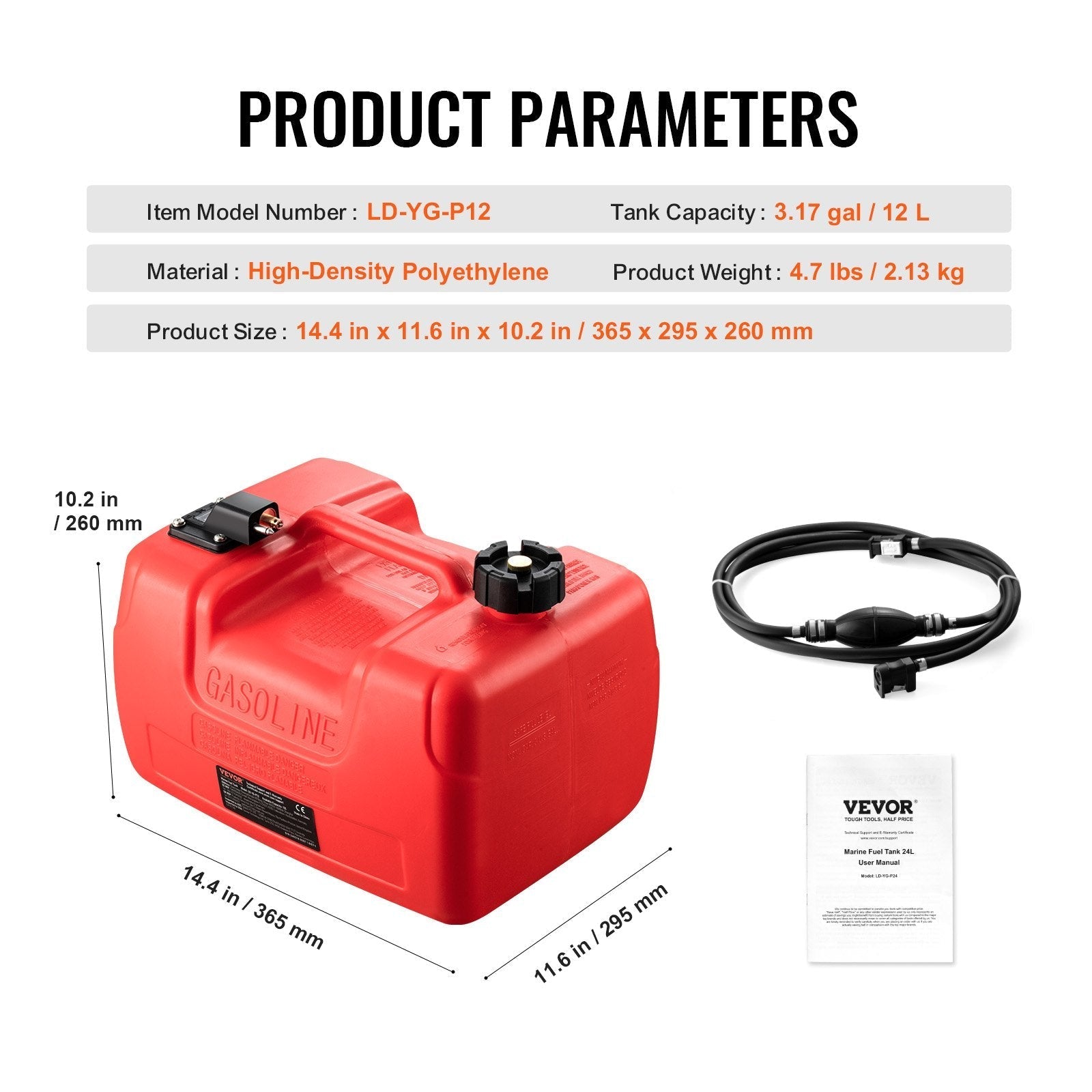 VEVOR Marine Fuel Tank, 3.17 Gallon/12L, Portable Boat Fuel Gas Tank for Outboard Engine Boats, Plastic Outboard Marine Boat Fuel Tank with Hose, Easy to Carry for Yacht, Fishing Boat, Deck Boat, Red