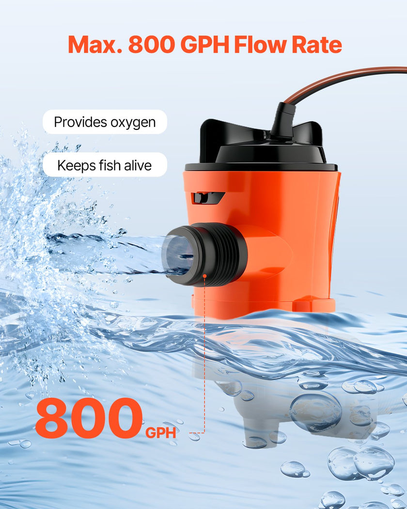VEVOR Livewell Pump for Boat 12V 800 GPH 90°Livewell Aerator Pump Baitwell Pump
