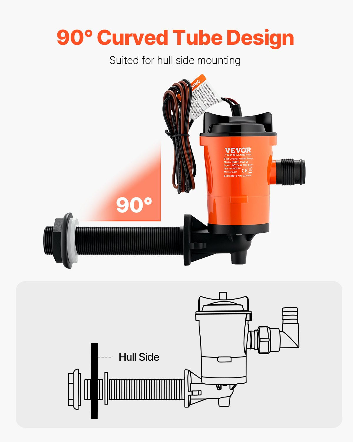 VEVOR Livewell Pump for Boat 12V 800 GPH 90°Livewell Aerator Pump Baitwell Pump