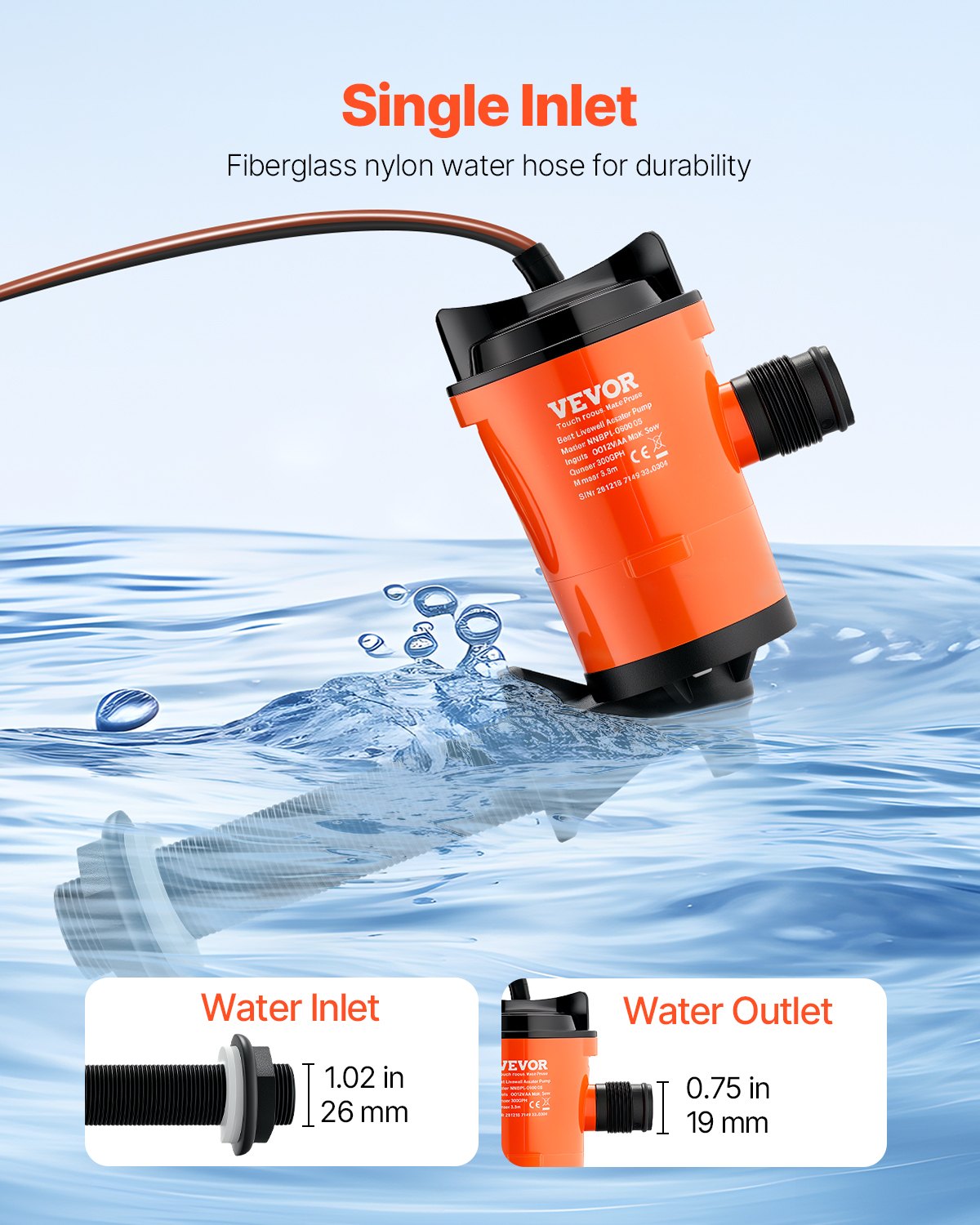 VEVOR Livewell Pump for Boat 12V 800 GPH 90°Livewell Aerator Pump Baitwell Pump