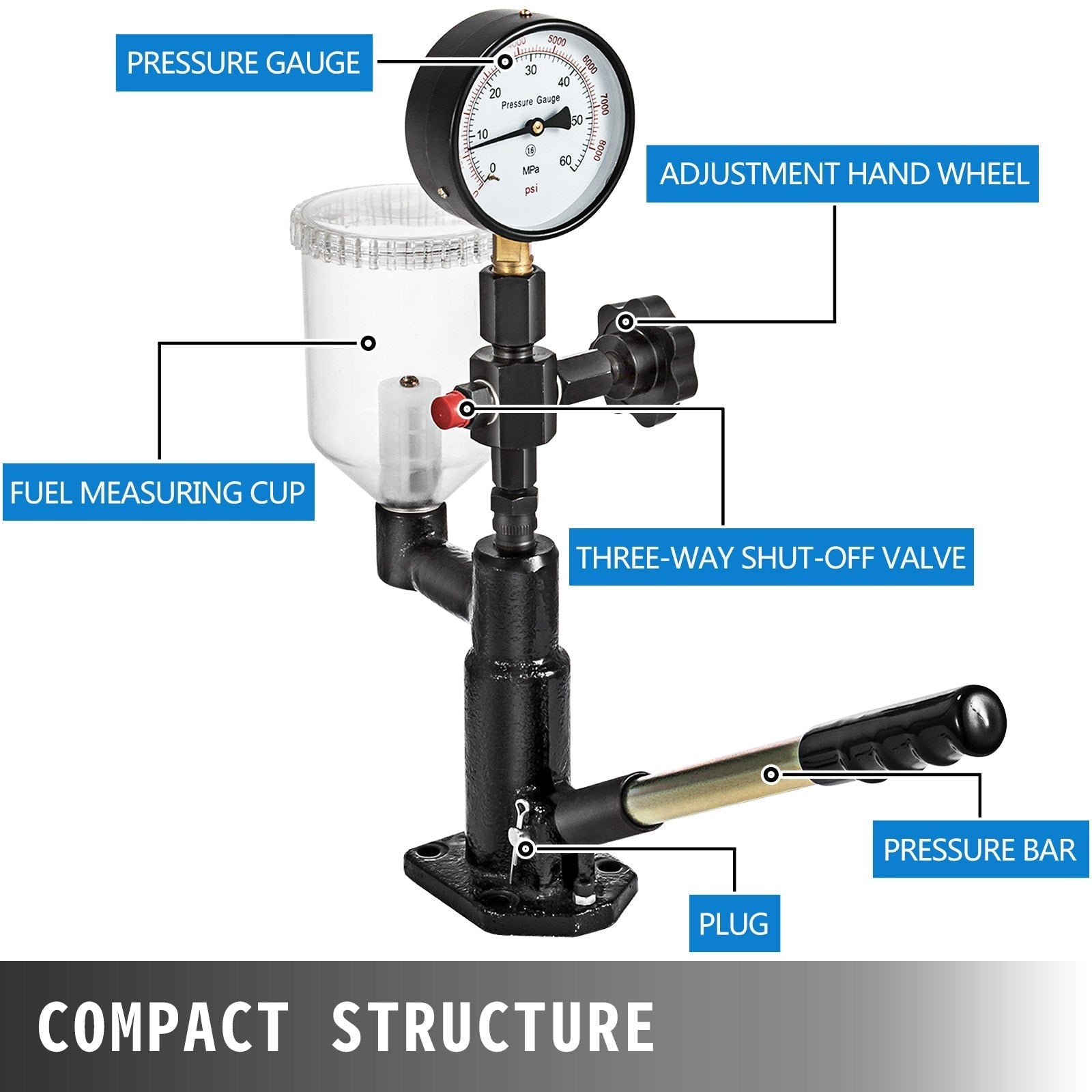 VEVOR 400Bar 6000PSI Diesel Fuel Injector Tester Diesel Injector Nozzle Tester with?Dual Scale Gauge to Adjust Injector Nozzle Pressure and Testing Diesel Injector Nozzle Pop Pressure Tester