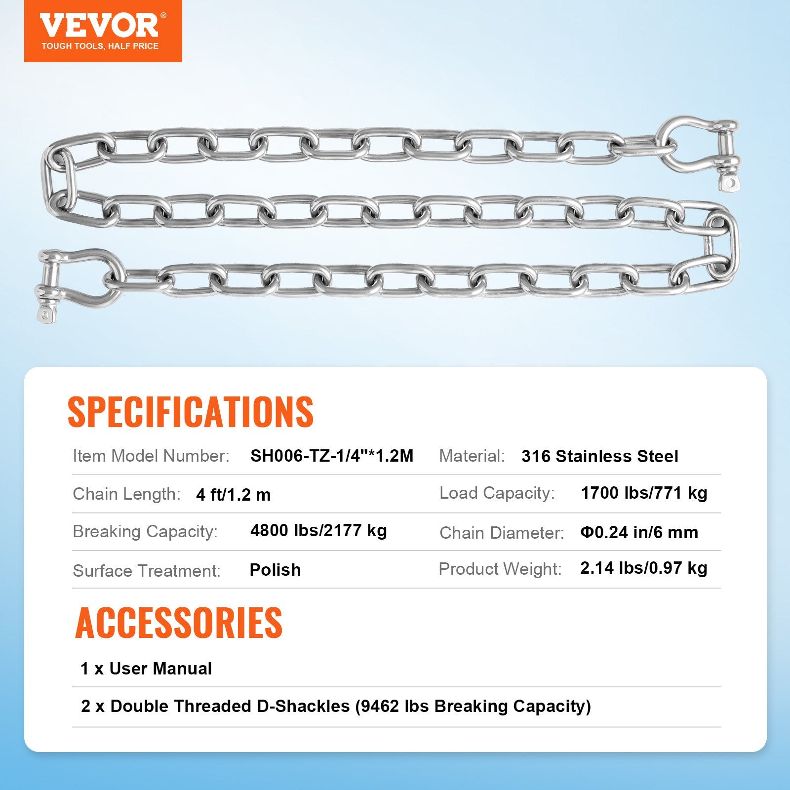 VEVOR Boat Anchor Chain Stainless Steel Lead Chain 1/4