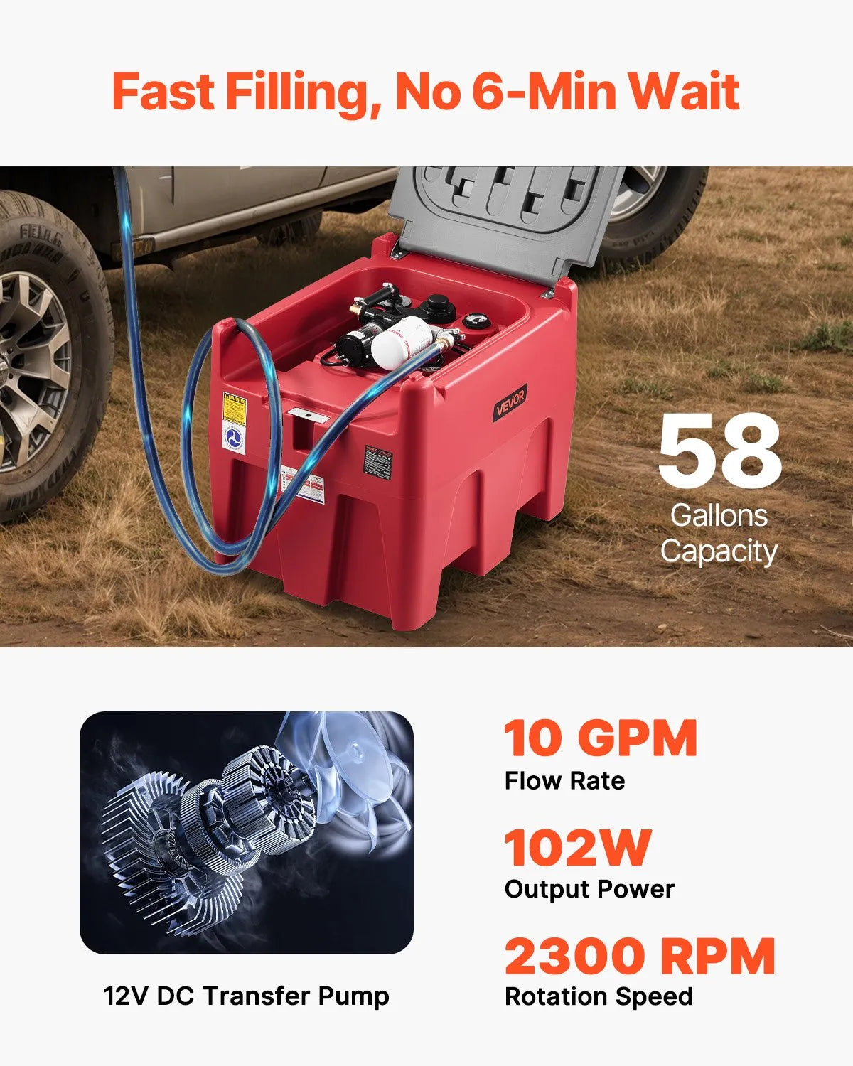 VEVOR Portable Diesel Fuel Tank 58 Gal Gasoline Tank 12V Transfer Pump 10GPM