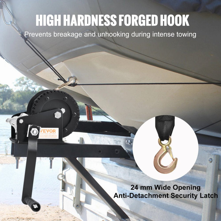 VEVOR Hand Winch, 1200 lbs Pulling Capacity, Boat Trailer Winch Heavy Duty Rope Crank with 23 ft Polyester Strap and Two-Way Ratchet, Manual Operated Hand Crank Winch for Trailer, Boat or ATV Towing