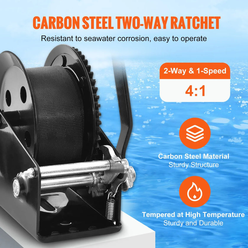 VEVOR Hand Winch, 1600 lbs Pulling Capacity, Boat Trailer Winch Heavy Duty Rope Crank with 33 ft Polyester Strap and Two-Way Ratchet, Manual Operated Hand Crank Winch for Trailer, Boat or ATV Towing
