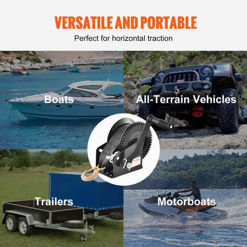 VEVOR Hand Winch, 1600 lbs Pulling Capacity, Boat Trailer Winch Heavy Duty Rope Crank with 33 ft Polyester Strap and Two-Way Ratchet, Manual Operated Hand Crank Winch for Trailer, Boat or ATV Towing