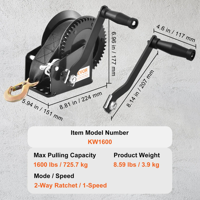 VEVOR Hand Winch, 1600 lbs Pulling Capacity, Boat Trailer Winch Heavy Duty Rope Crank with 33 ft Polyester Strap and Two-Way Ratchet, Manual Operated Hand Crank Winch for Trailer, Boat or ATV Towing