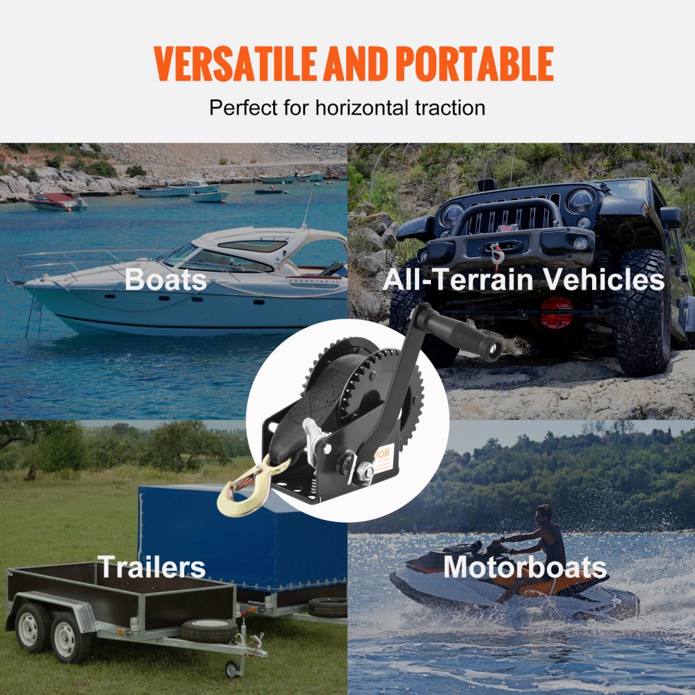VEVOR Hand Winch, 2000 lbs Pulling Capacity, Boat Trailer Winch Heavy Duty Rope Crank with 23 ft Polyester Strap and Two-Way Ratchet, Manual Operated Hand Crank Winch for Trailer, Boat or ATV Towing