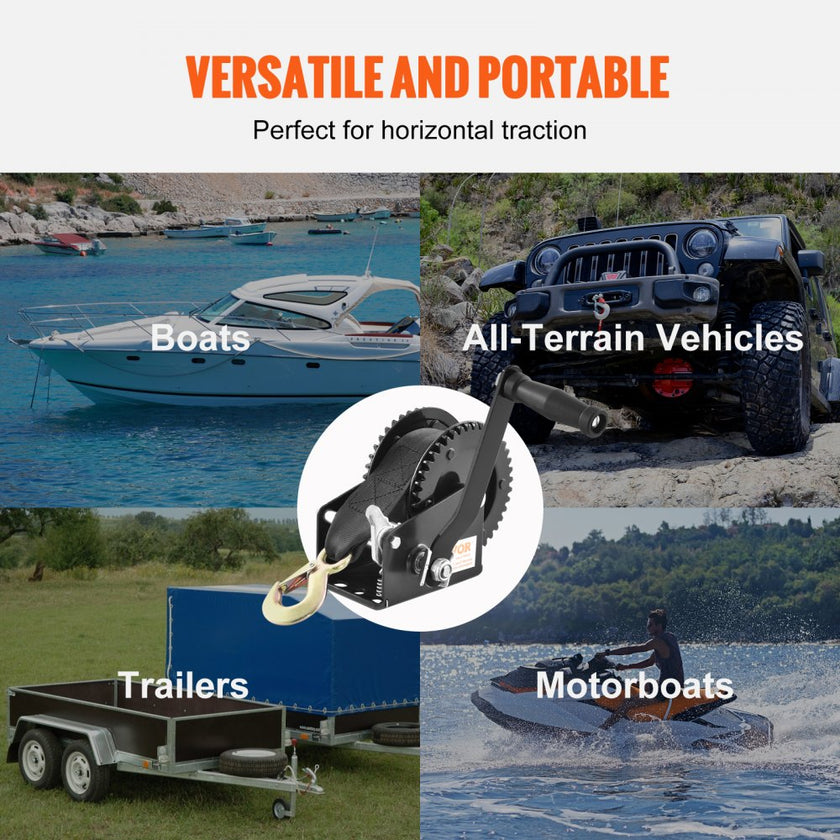 VEVOR Hand Winch, 2000 lbs Pulling Capacity, Boat Trailer Winch Heavy Duty Rope Crank with 23 ft Polyester Strap and Two-Way Ratchet, Manual Operated Hand Crank Winch for Trailer, Boat or ATV Towing