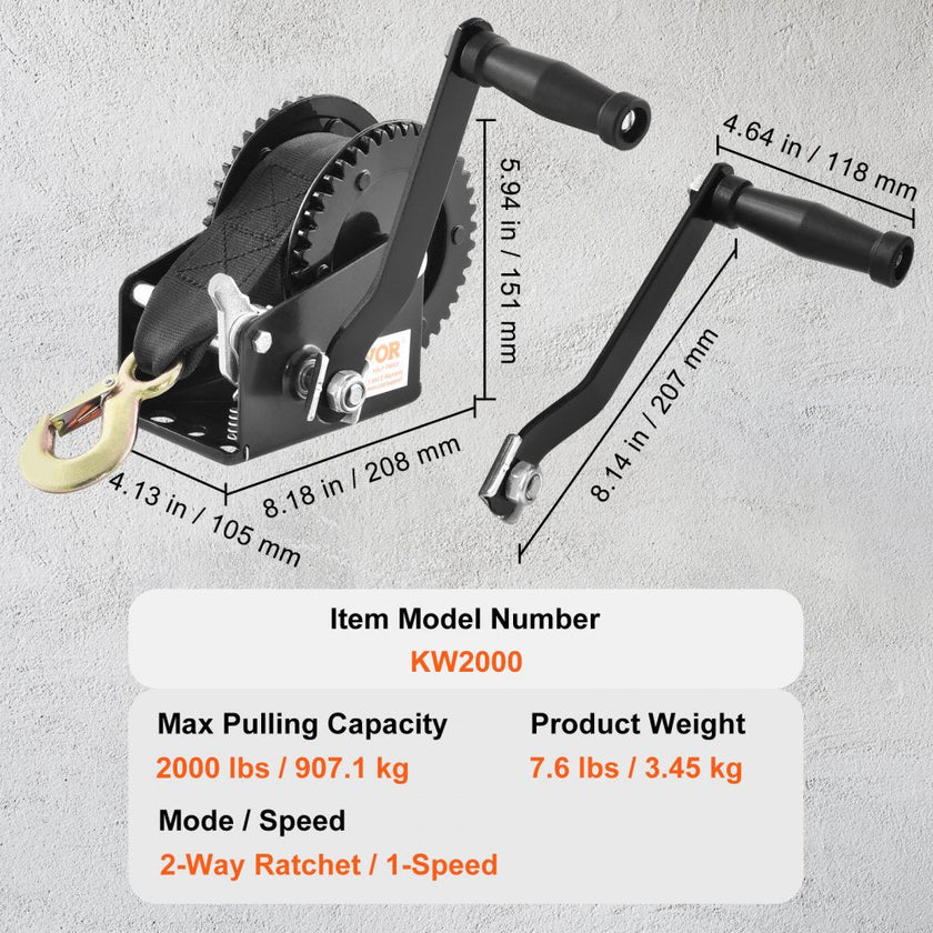 VEVOR Hand Winch, 2000 lbs Pulling Capacity, Boat Trailer Winch Heavy Duty Rope Crank with 23 ft Polyester Strap and Two-Way Ratchet, Manual Operated Hand Crank Winch for Trailer, Boat or ATV Towing