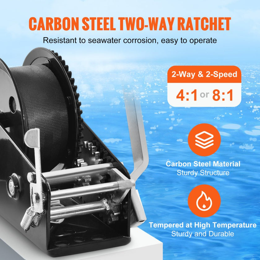VEVOR Hand Winch, 3500 lbs Pulling Capacity, Boat Trailer Winch Heavy Duty Rope Crank with 33 ft Polyester Strap and Two-Way Ratchet, Manual Operated Hand Crank Winch for Trailer, Boat or ATV Towing
