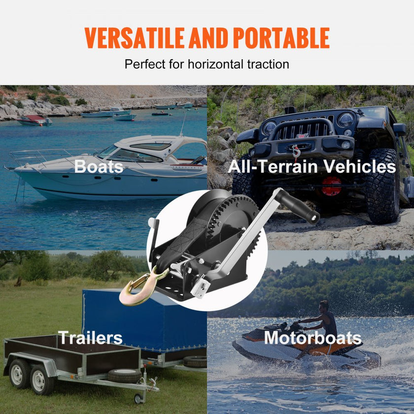 VEVOR Hand Winch, 3500 lbs Pulling Capacity, Boat Trailer Winch Heavy Duty Rope Crank with 33 ft Polyester Strap and Two-Way Ratchet, Manual Operated Hand Crank Winch for Trailer, Boat or ATV Towing