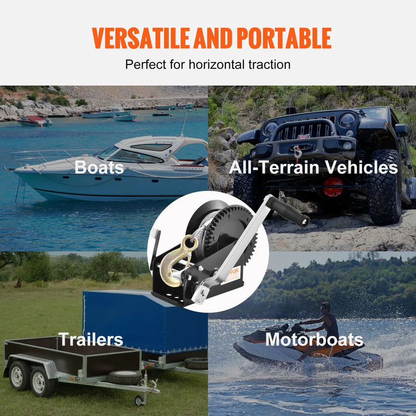 VEVOR Hand Winch, 3500 lbs Pulling Capacity, Boat Trailer Winch Heavy Duty Rope Crank with 33 ft Steel Wire Cable and Two-Way Ratchet, Manual Operated Hand Crank Winch for Trailer, Boat or ATV Towing