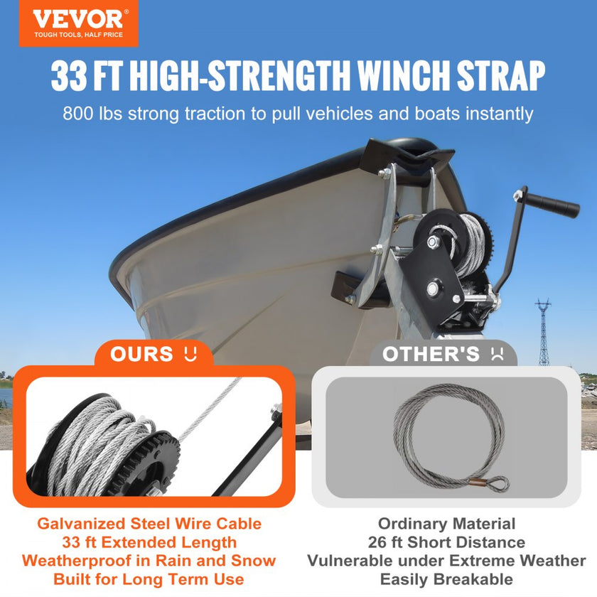 VEVOR Hand Winch, 800 lbs Pulling Capacity, Boat Trailer Winch Heavy Duty Rope Crank with 33 ft Steel Wire Cable and Two-Way Ratchet, Manual Operated Hand Crank Winch for Trailer, Boat or ATV Towing