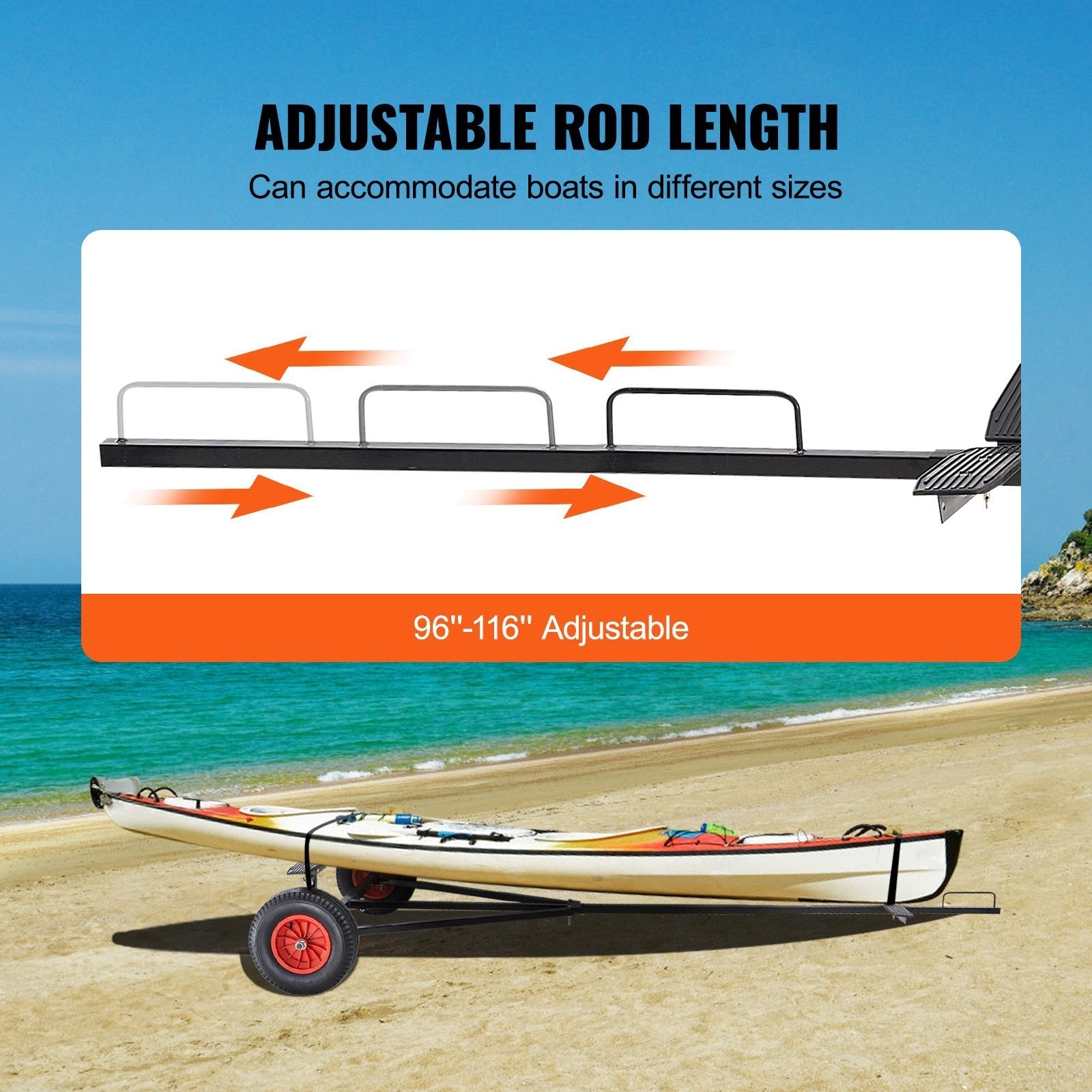 VEVOR Boat Trailer Dolly 420lbs Load Capacity, Carbon Steel Trailer Mover with 96''-116'' Adjustable Length, 16'' Pneumatic Tires & Nonslip Support Bracket, for Moving Kayak Motorboat Fishing Boat